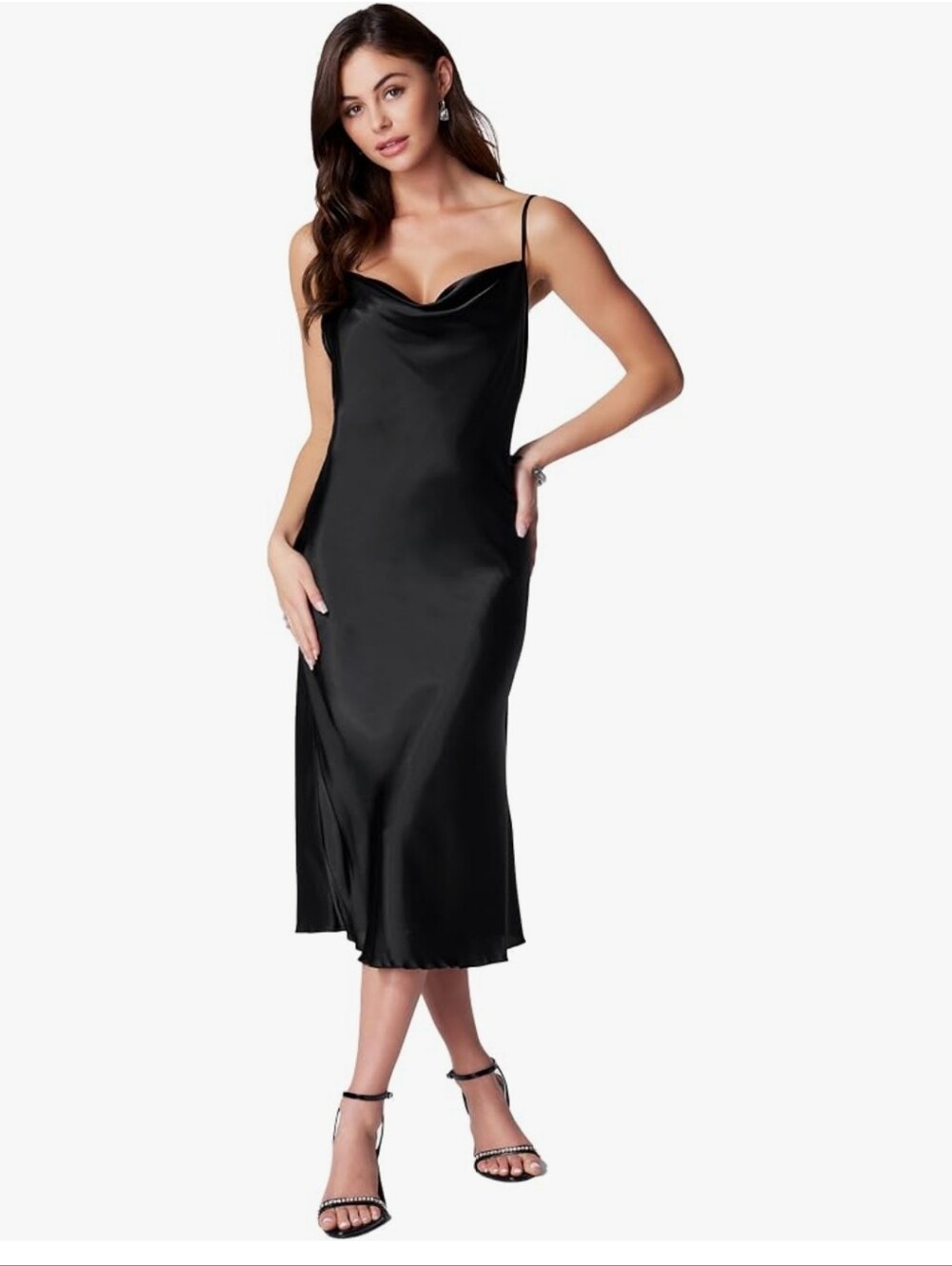 BEBE Black Satin Cowl Midi Slip Dress
